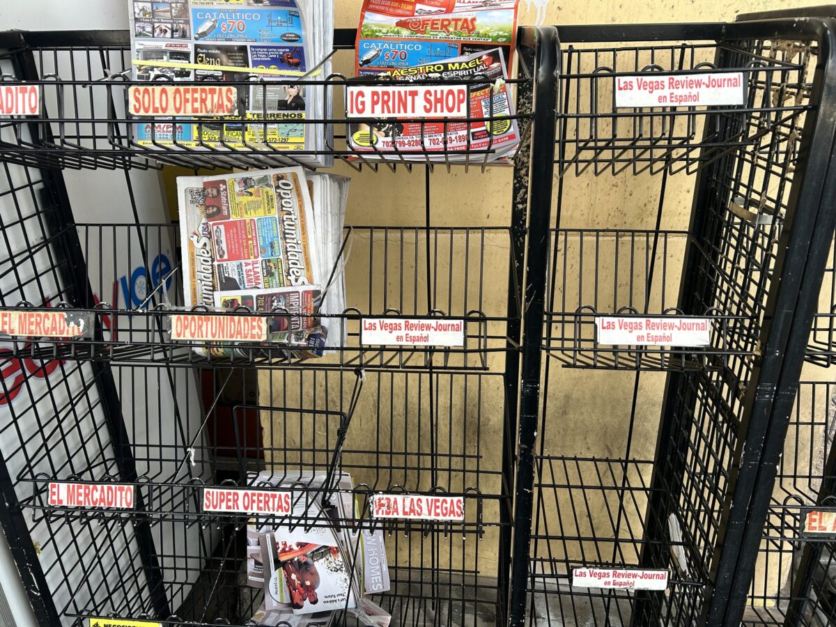 A view of a rack with various printed publications outside Mariana’s Supermarkets' Valley View location in Las Vegas.