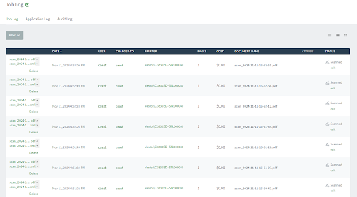 Screenshot of the Job Log showing scan archive view