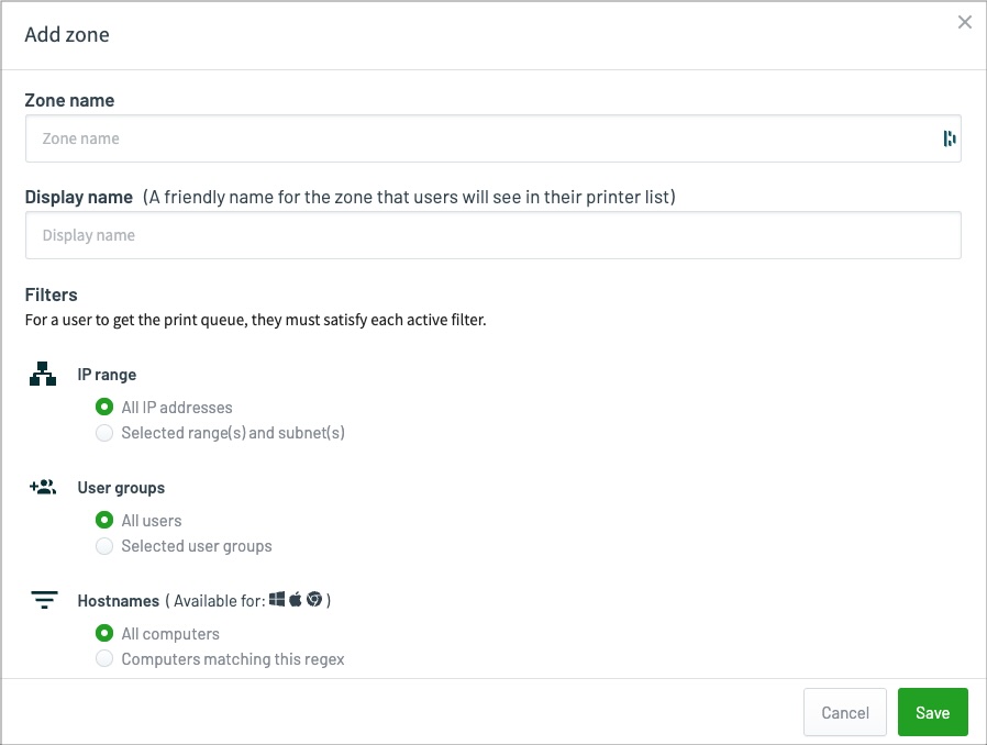 Screenshot of the Add zones page showing fields for the zone nam, display name, and also the Filters area with options for the IP range, User groups and hostnames.