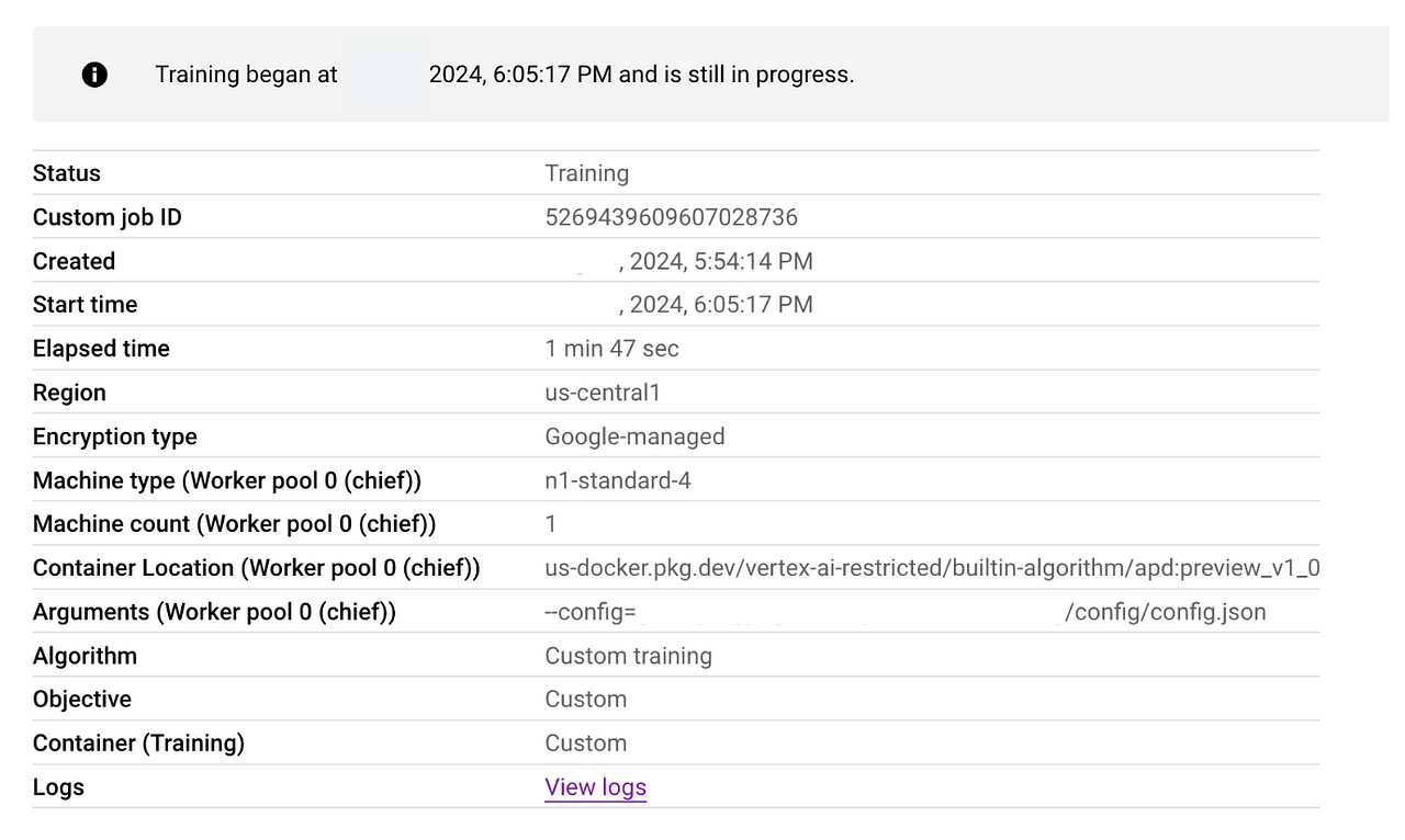 Training custom jobs view in Vertex AI