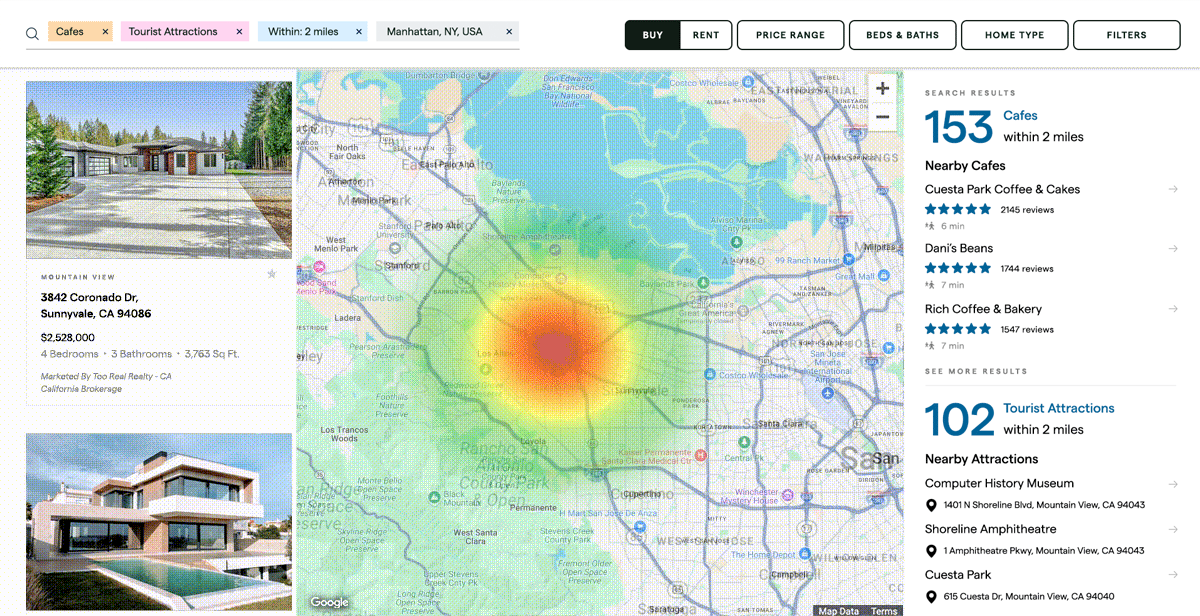 A heat map of an area in Mountain View that shows where the concentration of cafes and restaurants are located.