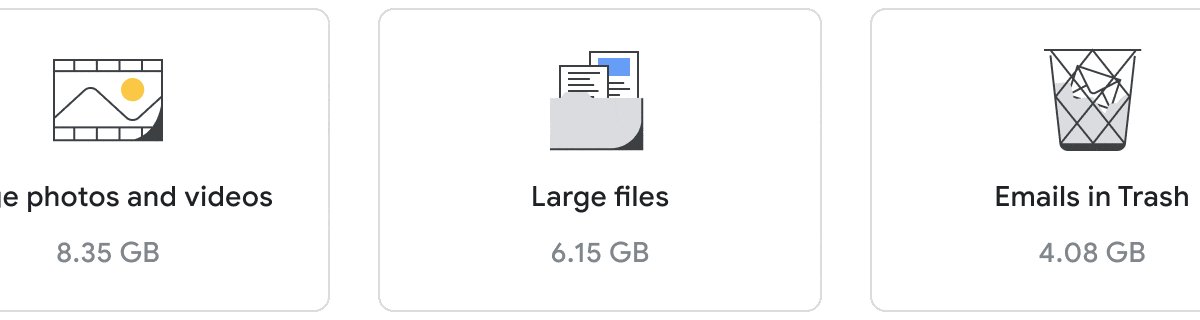 An image of the Google One storage manager displaying how much space photos and videos, large files, and emails take up.
