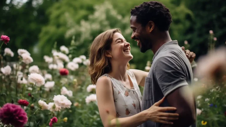 A couple in a garden showing green flags in a relationship