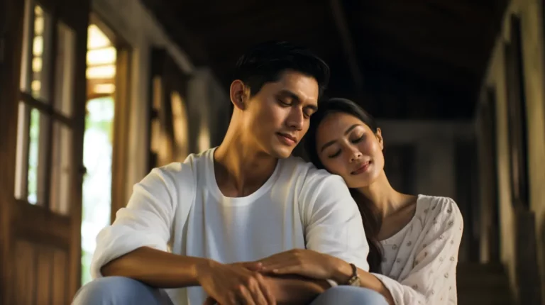 A woman leaning on a man