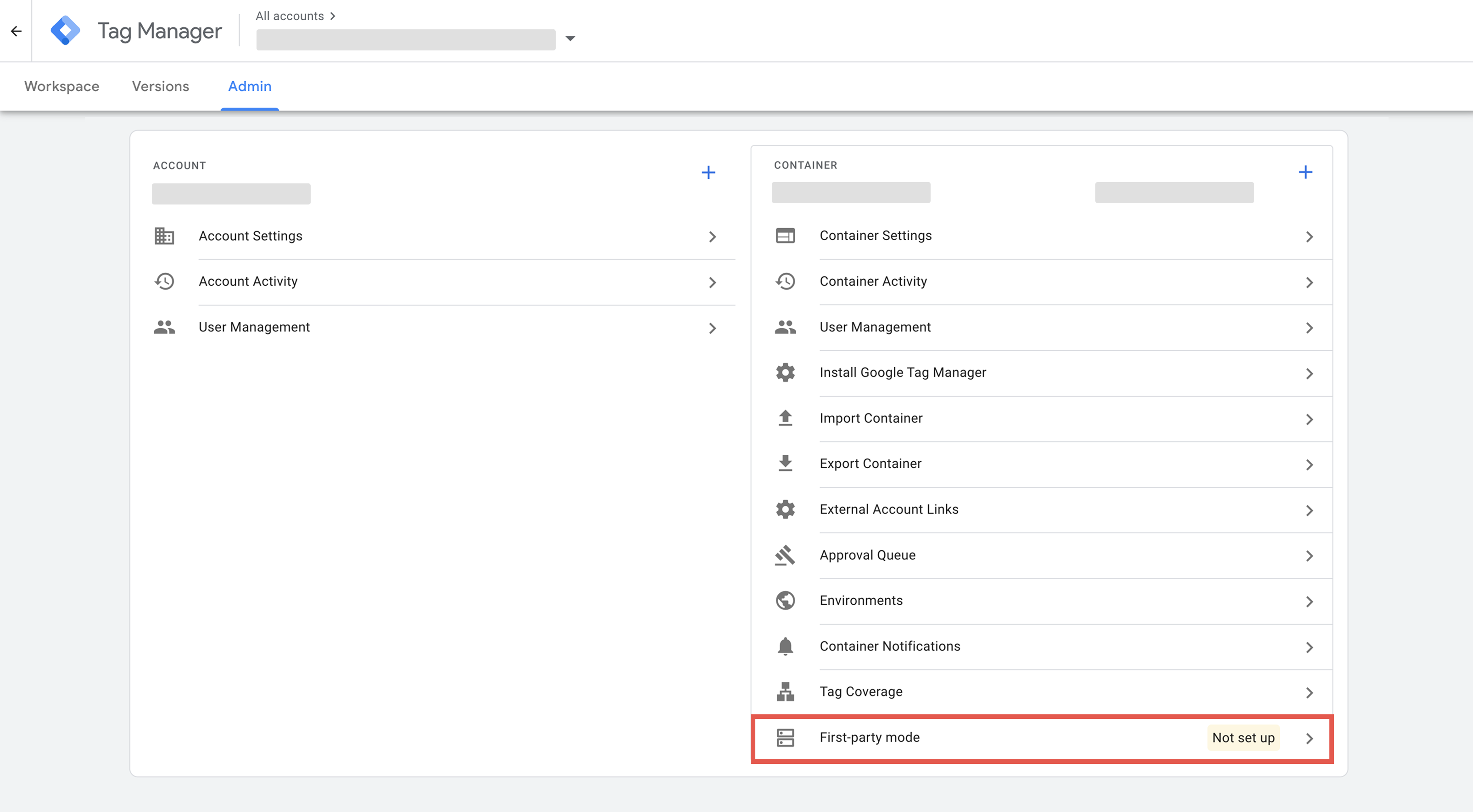 First-party mode setup in Google Tag Manager first step