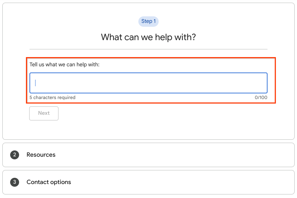 Image shows a screenshot of the Contact Us page where you can enter key phrases to bring out resources to help resolve issues. Text box has a 100 limit character counter