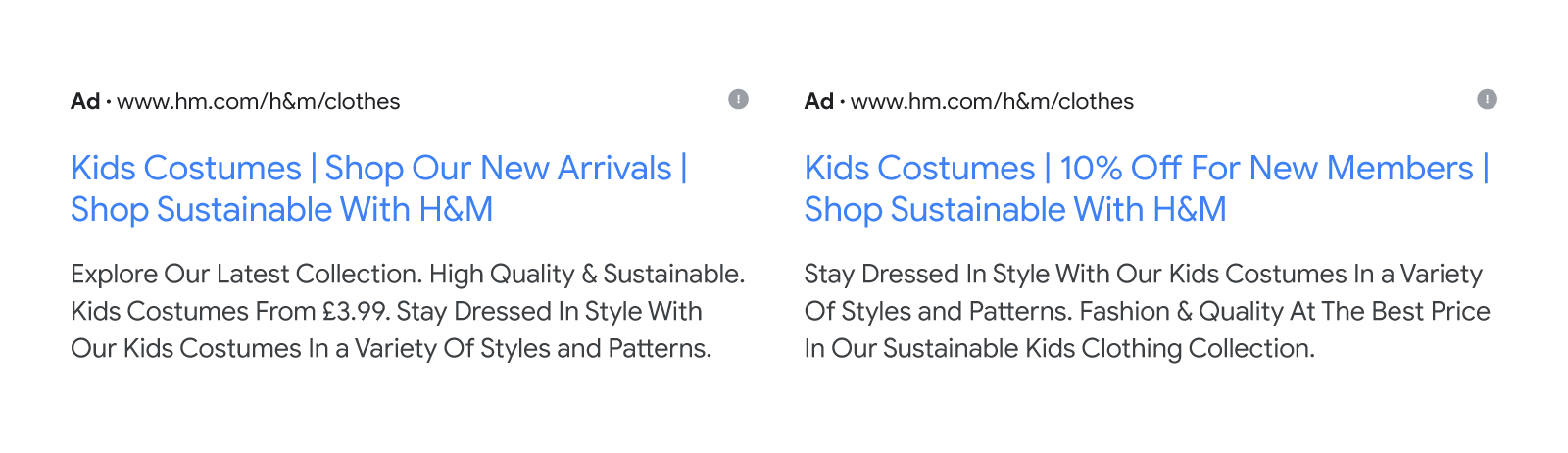 Two Google Search ads for kids costumes are shown alongside each other. One highlights 10% discounts for new members, the other focuses on existing customers by highlighting new arrivals.